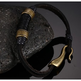 Leather WovenBrass Buckle Men Bracelet