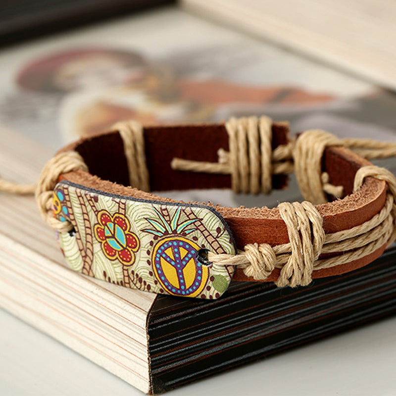 Retro Style Heat Transfer Hemp Rope Braided Cowhide Bracelet