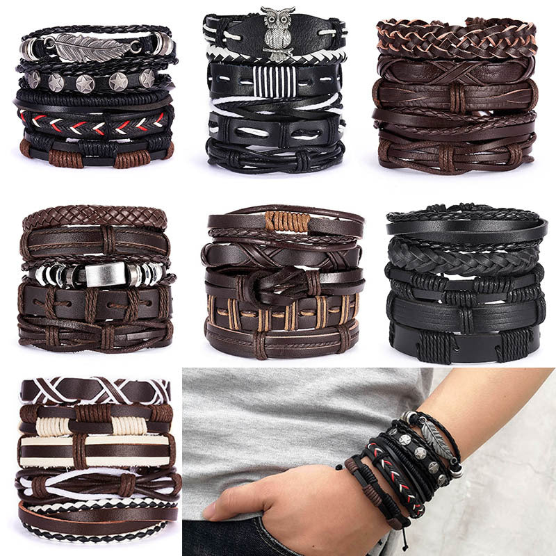 Vintage Cross Leather Multi-layer Adjustable Hand-woven Men's Bracelet Set Vintage Cross Leather Multi-layer Adjustable Hand-woven Men's Bracelet Set