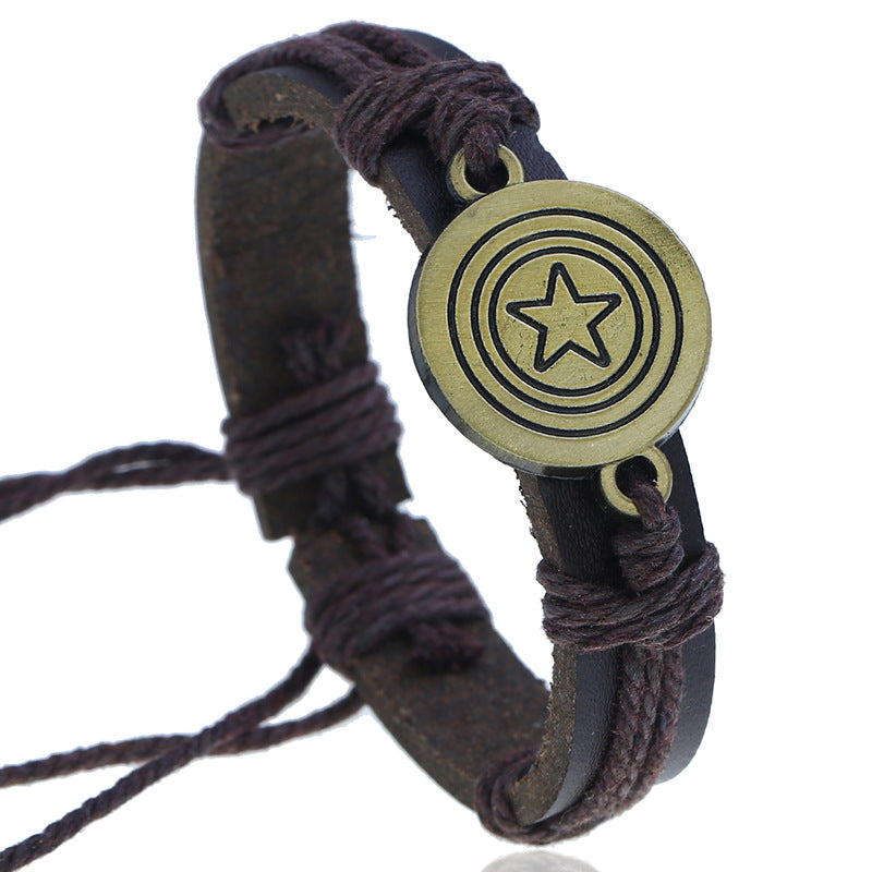 Vintage Woven Antique Copper Alloy Pentagram Leather Bracelet OLY-BT-ChiY001
