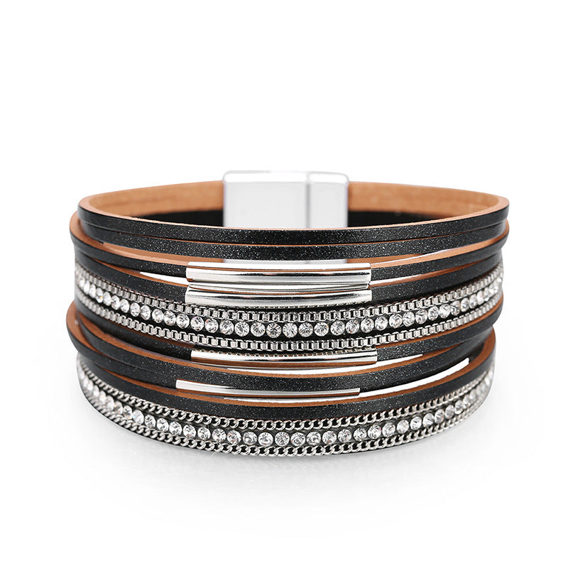 Multi-layered Genuine Leather Fine Chain Copper Tube Diamond Bracelet