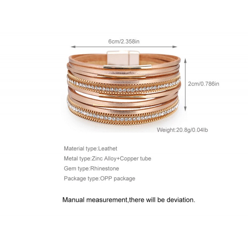 Multi-layered Genuine Leather Fine Chain Copper Tube Diamond Bracelet