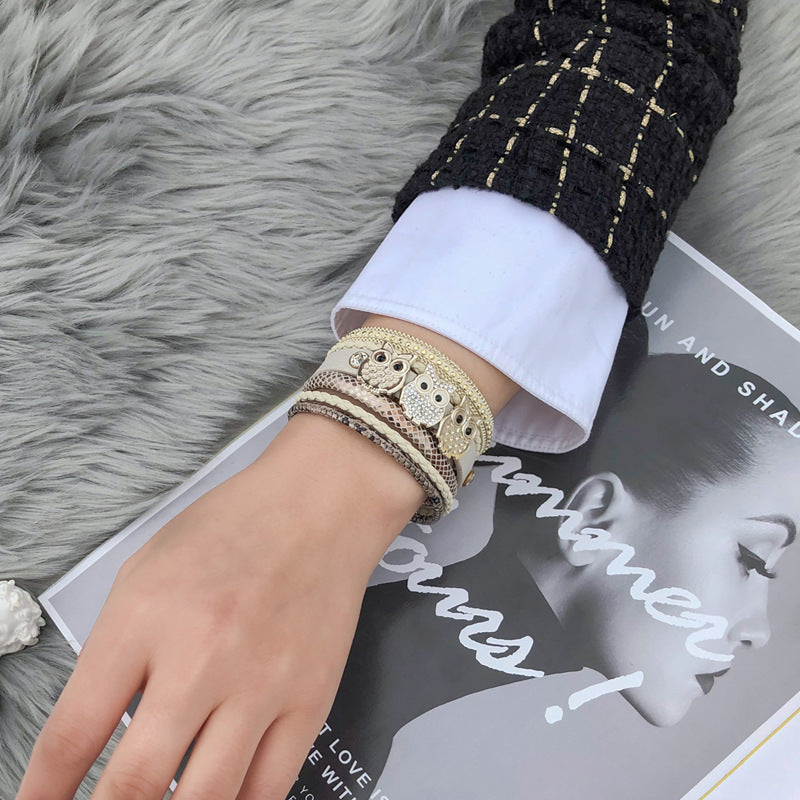 Diamond Magnetic Buckle Creative Owl Decorated Bohemian Leather Bracelet Diamond Magnetic Buckle Creative Owl Decorated Bohemian Leather Bracelet