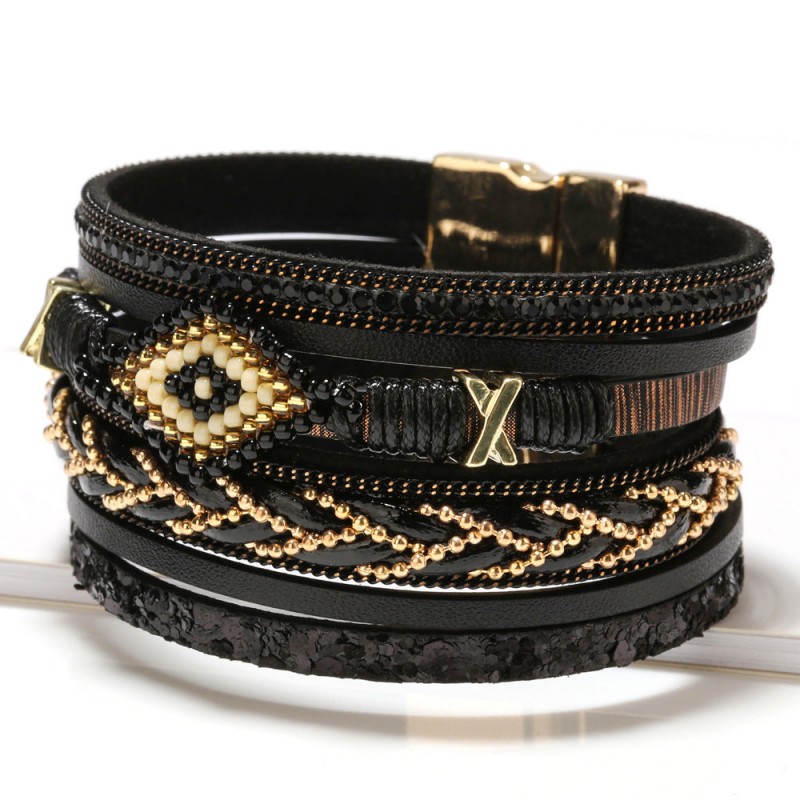 Boho Style Rice Beads Handwoven Leather Bracelet