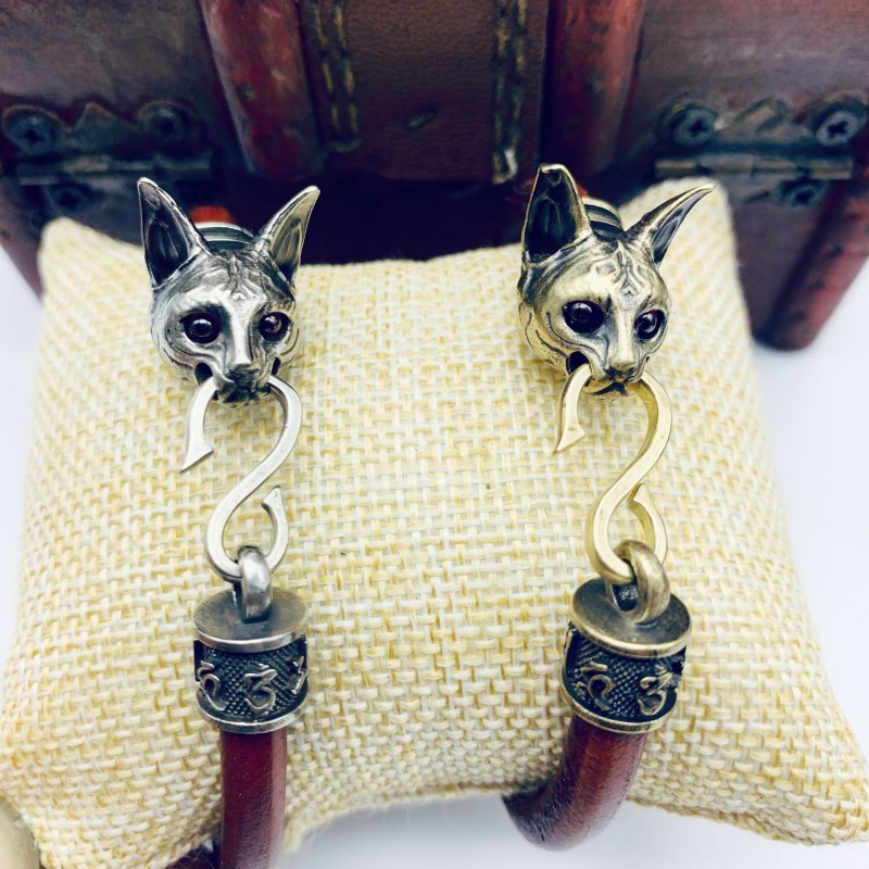Egyptian Cat Genuine Leather Bracelets Made of Brass Old Bracelets Egyptian Cat Genuine Leather Bracelets Made of Brass Old Bracelets