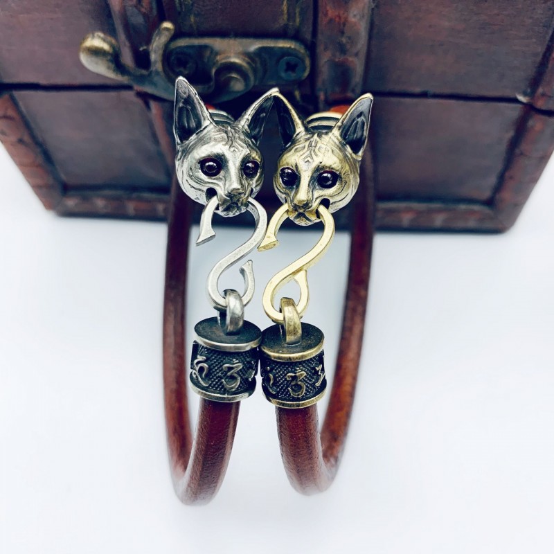 Egyptian Cat Genuine Leather Bracelets Made of Brass Old Bracelets
