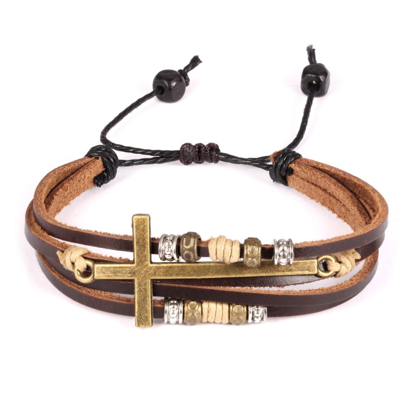 Vintage Cross Men's Beaded Leather Bracelet