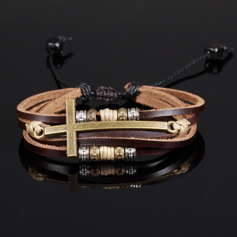 Vintage Cross Men's Beaded Leather Bracelet