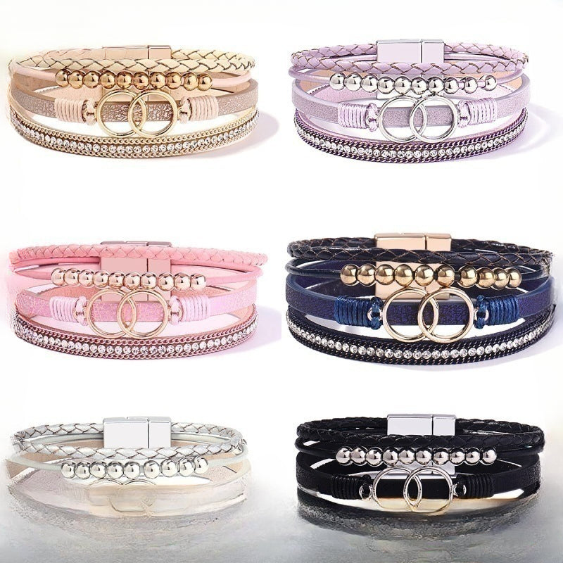 Handmade Magnetic Clasp Diamond Encrusted Leather Bracelet