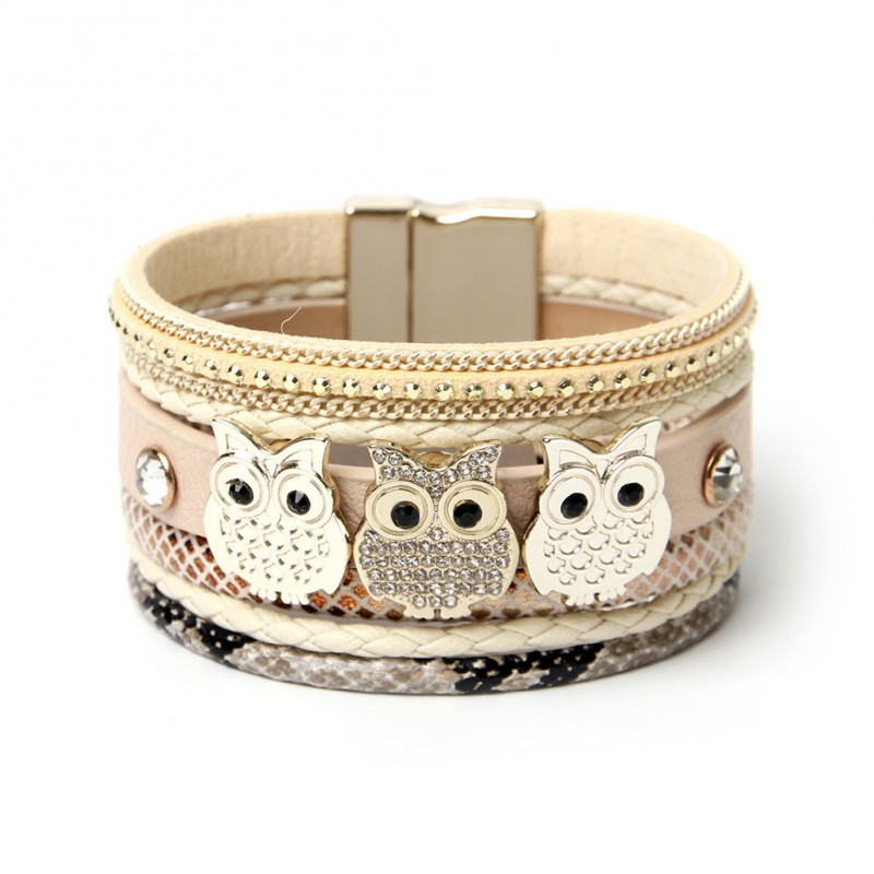 Diamond Magnetic Buckle Creative Owl Decorated Bohemian Leather Bracelet Diamond Magnetic Buckle Creative Owl Decorated Bohemian Leather Bracelet