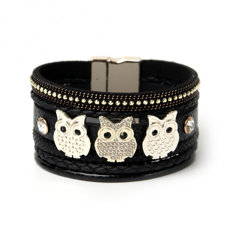 Diamond Magnetic Buckle Creative Owl Decorated Bohemian Leather Bracelet Diamond Magnetic Buckle Creative Owl Decorated Bohemian Leather Bracelet