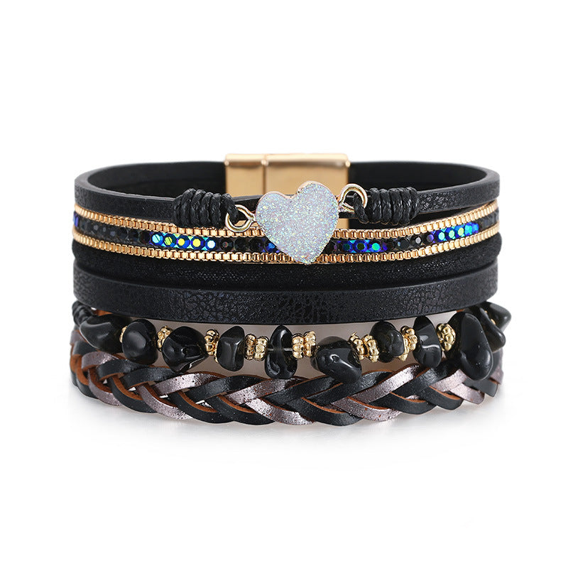 Retro Hand-woven Leather Multi-layer Diamond-encrusted Ethnic Style Gravel Bracelet