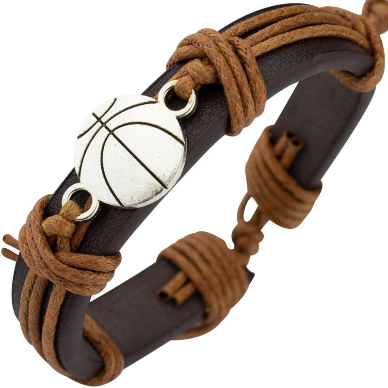 Sports Leather Football Basketball Hockey Alloy Adjustable Hand Woven Football Leather Bracelet
