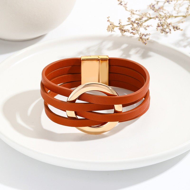 Metal Leather Cross Women's Large Hoop Cuff Multi-layer Wris