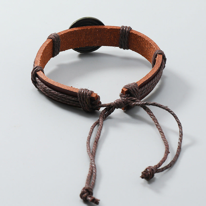 Vintage Woven Antique Copper Alloy Pentagram Leather Bracelet OLY-BT-ChiY001