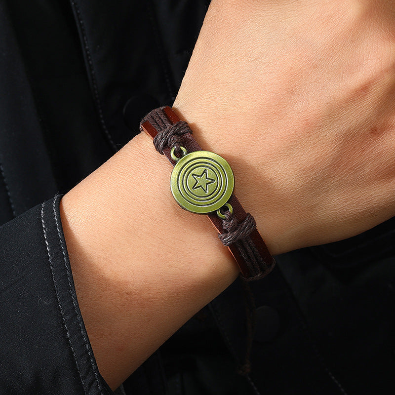 Vintage Woven Antique Copper Alloy Pentagram Leather Bracelet OLY-BT-ChiY001