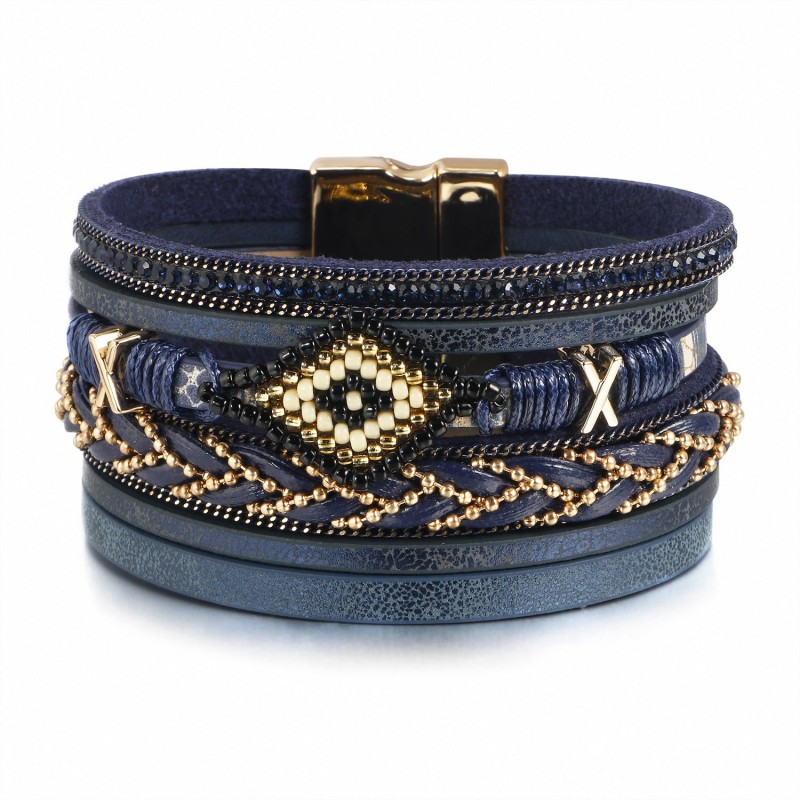 Boho Style Rice Beads Handwoven Leather Bracelet