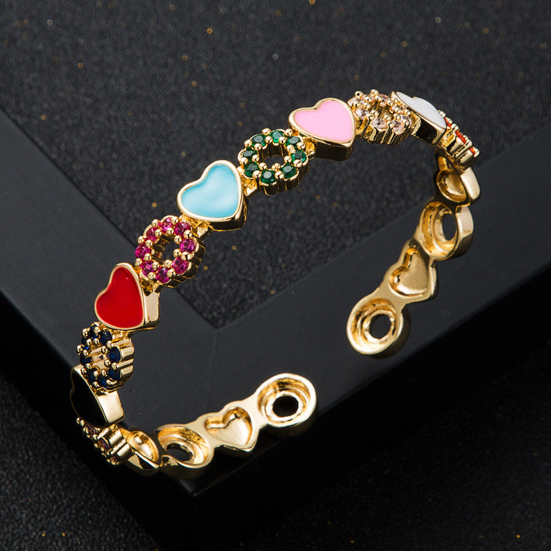 copper inlaid zircon enamel drop oil love heart bracelet Ten