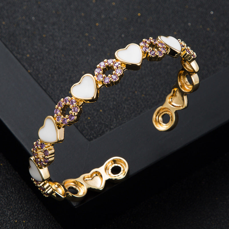 copper inlaid zircon enamel drop oil love heart bracelet Ten