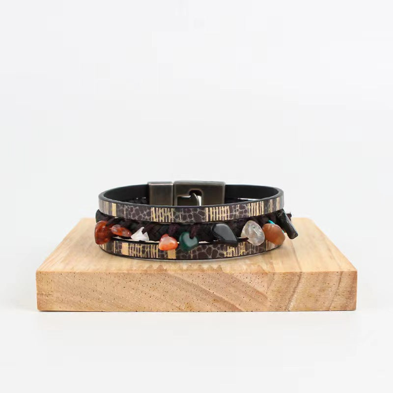 Hand-woven natural stone multi-layered leather bracelet