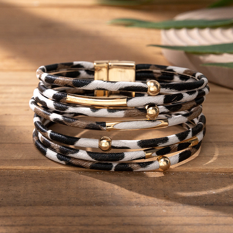 Leopard Print Magnetic Buckle Leather Bracelet