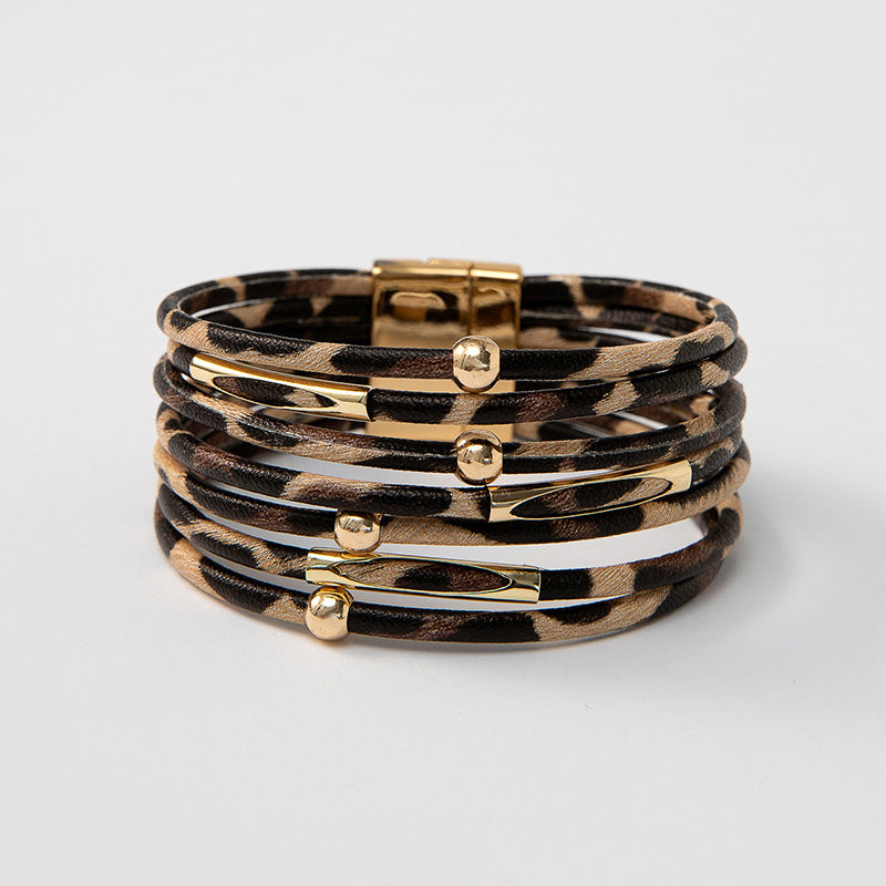Leopard Print Magnetic Buckle Leather Bracelet