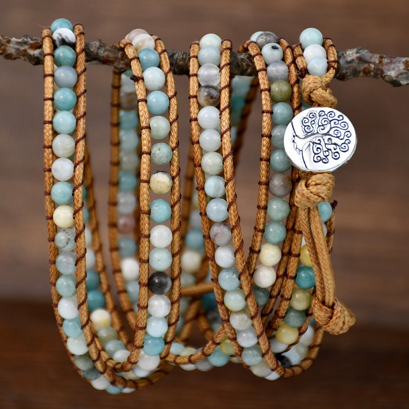 Bohemian stone round bead woven 5-layer bracelet