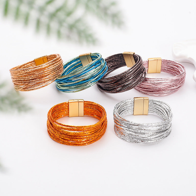 Bohemian Imitation Gold Wire Magnetic Clasp Leather Bracelet