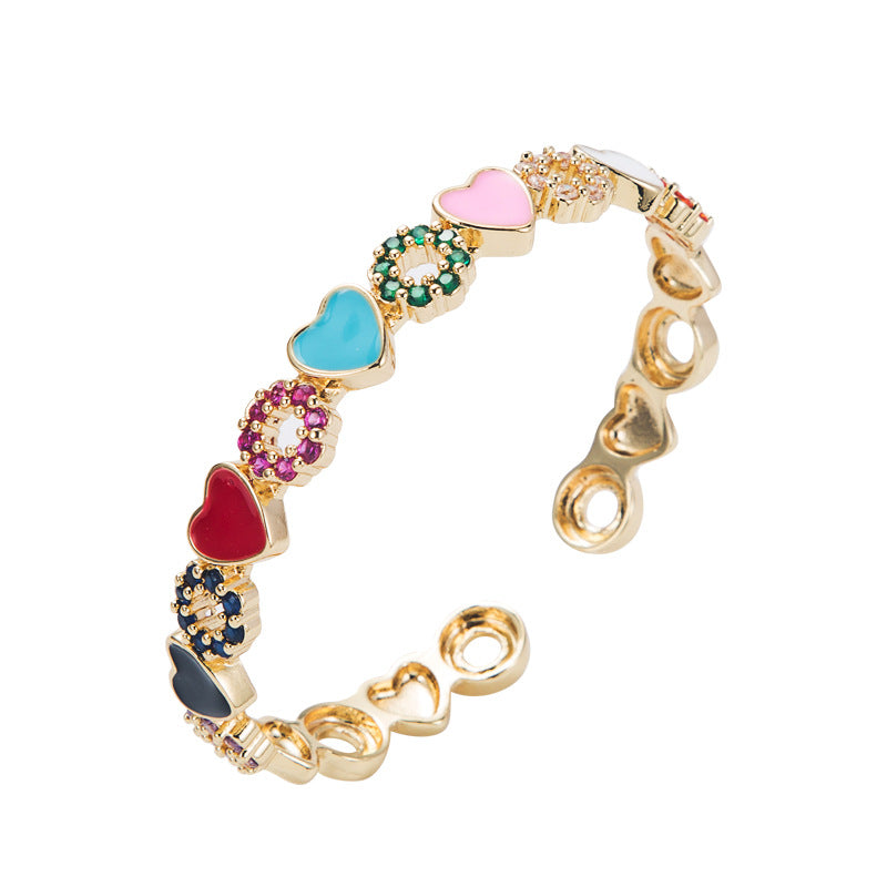 copper inlaid zircon enamel drop oil love heart bracelet Ten