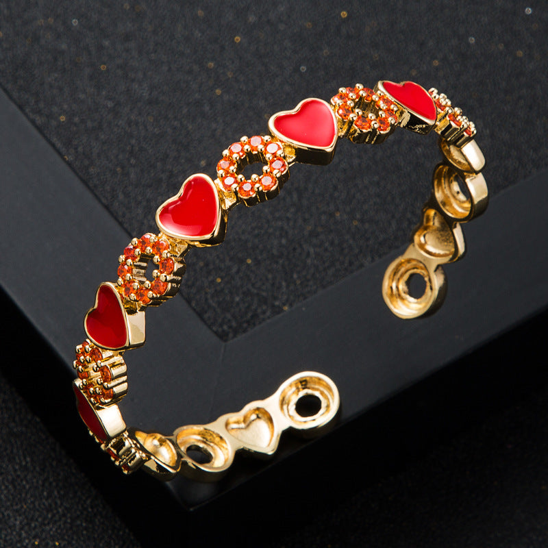 copper inlaid zircon enamel drop oil love heart bracelet Ten