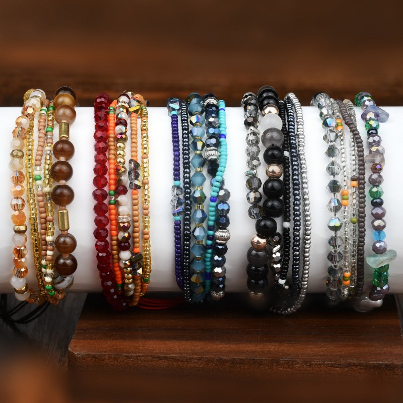 Bohemian multi-layer natural gravel crystal beaded bracelet