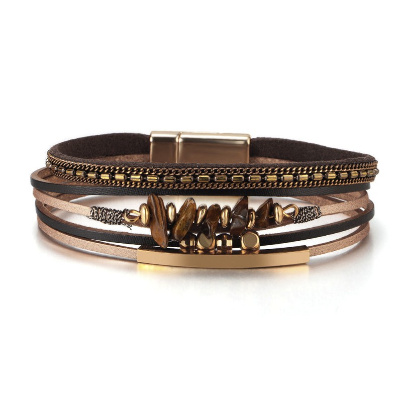 Boho Style Natural Stone Beaded Leather Magnetic Bracelet