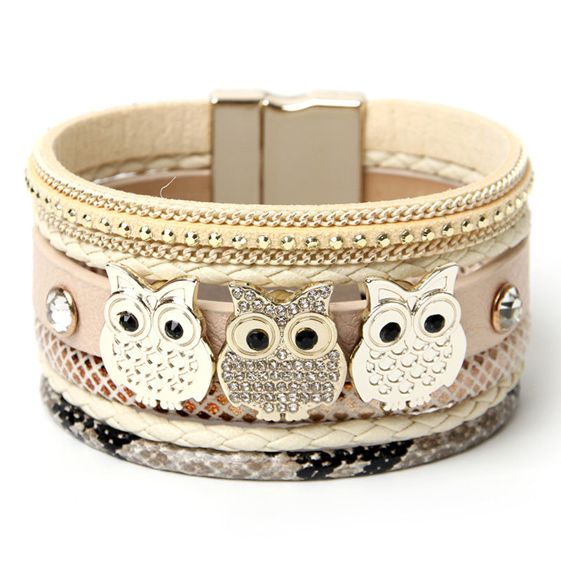 Diamond Magnetic Buckle Creative Owl Decorated Bohemian Leather Bracelet Diamond Magnetic Buckle Creative Owl Decorated Bohemian Leather Bracelet