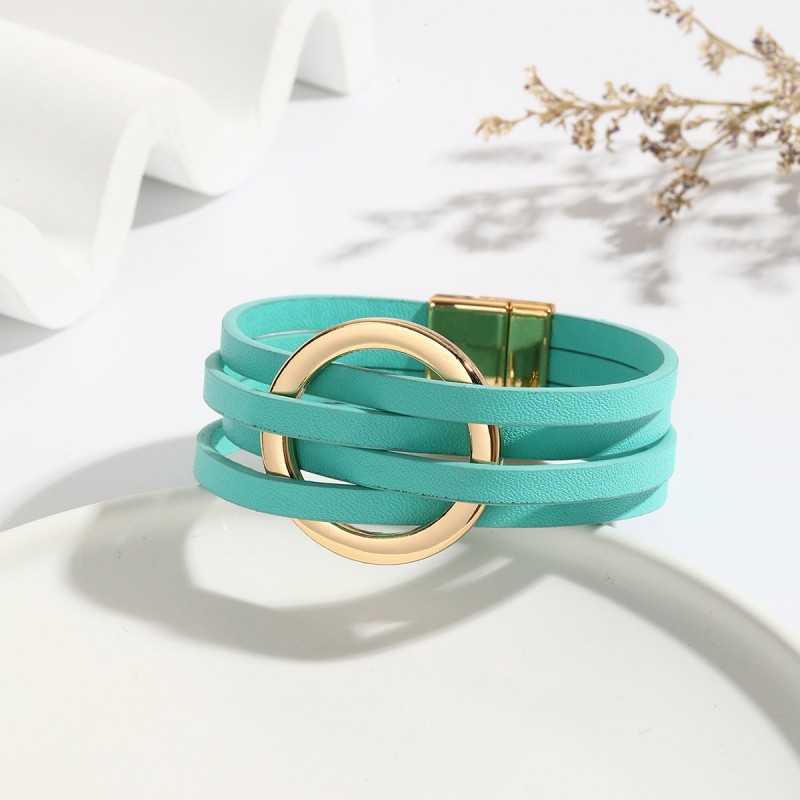 Metal Leather Cross Women's Large Hoop Cuff Multi-layer Wris