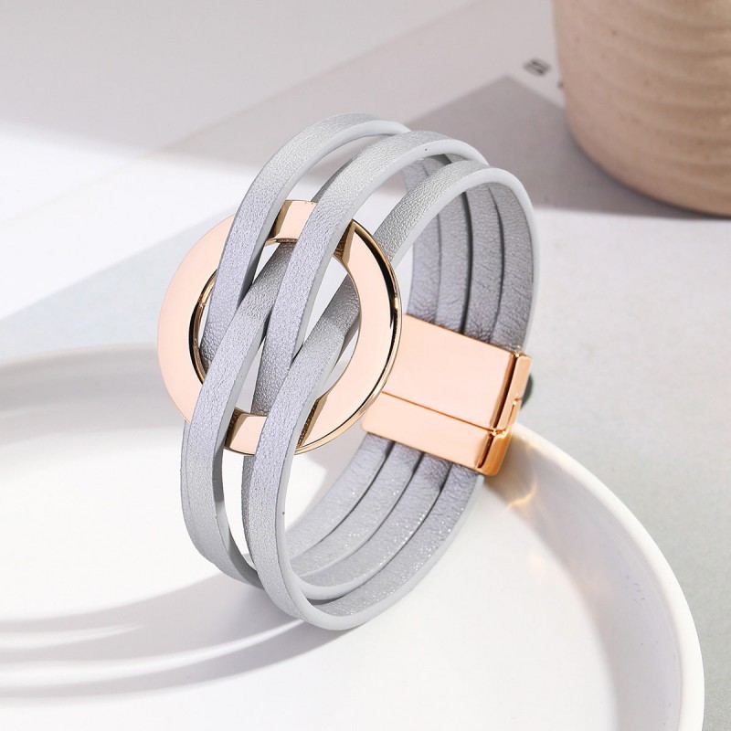 Metal Leather Cross Women's Large Hoop Cuff Multi-layer Wris