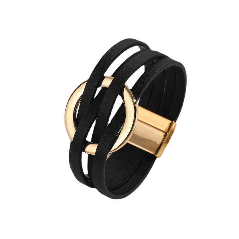 Metal Leather Cross Women's Large Hoop Cuff Multi-layer Wris