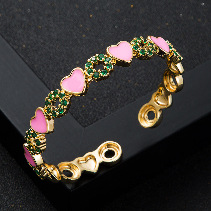 copper inlaid zircon enamel drop oil love heart bracelet Ten
