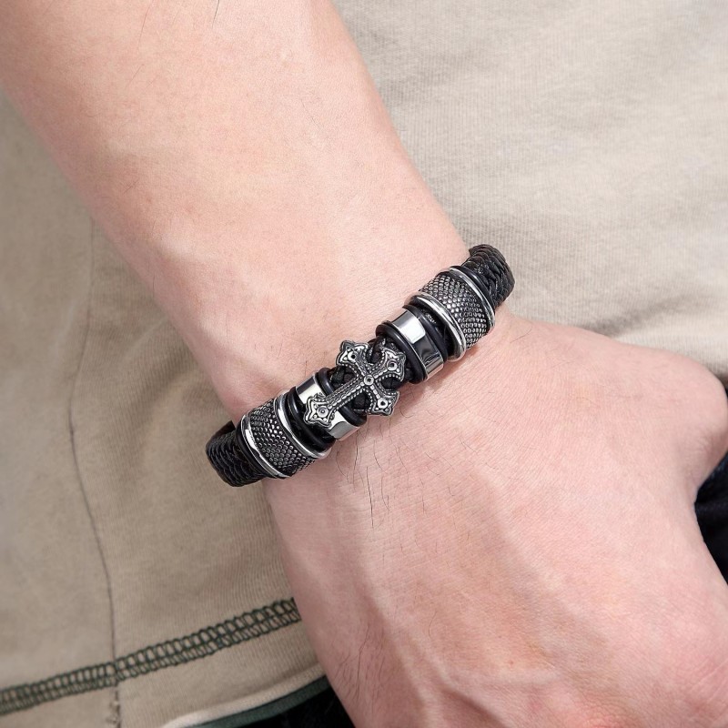 Punk Braided Cross Men's Leather Bracelet