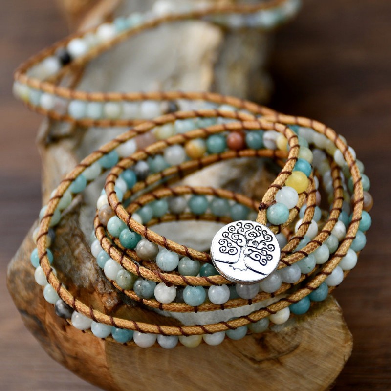 Bohemian stone round bead woven 5-layer bracelet