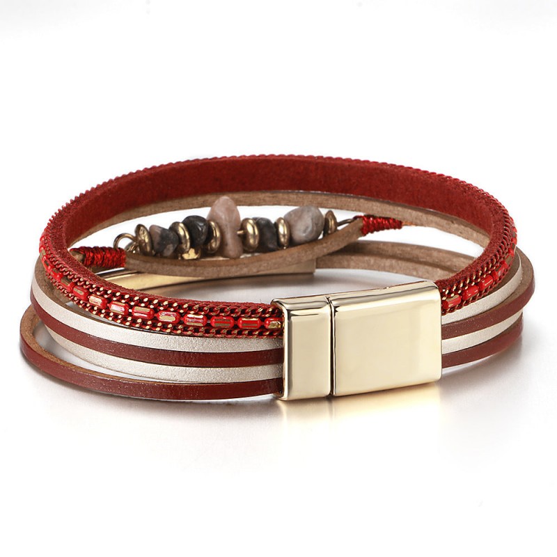 Boho Style Natural Stone Beaded Leather Magnetic Bracelet