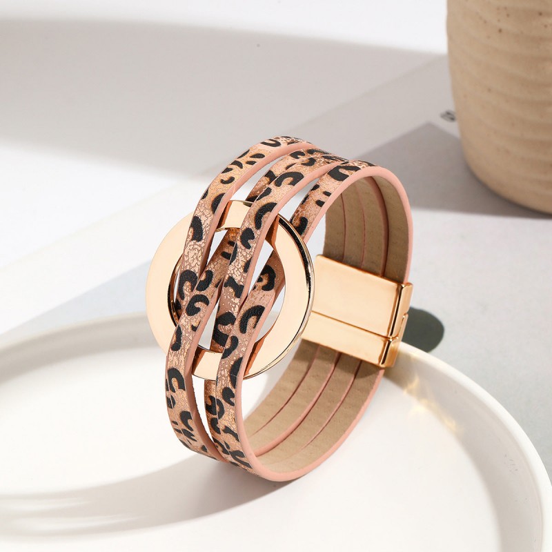 Metal Leather Cross Women's Large Hoop Cuff Multi-layer Wris