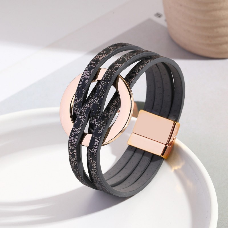 Metal Leather Cross Women's Large Hoop Cuff Multi-layer Wris