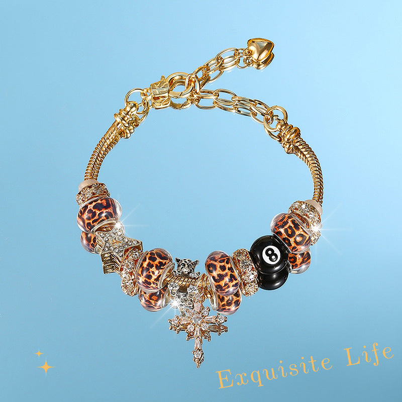 Leopard print cross stainless steel beaded bracelet