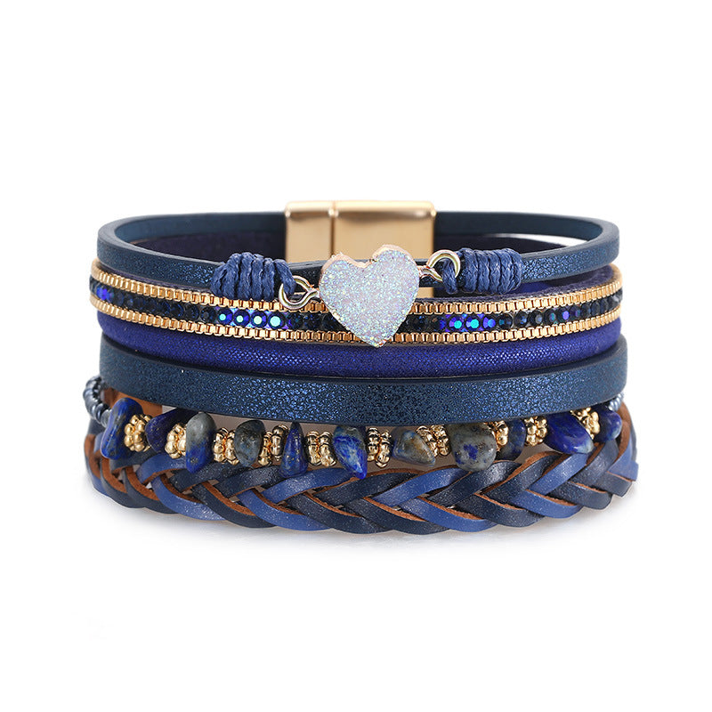 Retro Hand-woven Leather Multi-layer Diamond-encrusted Ethnic Style Gravel Bracelet