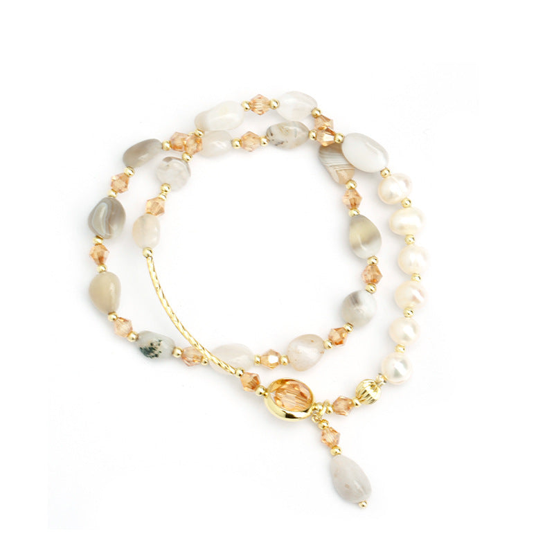 Tide Elegant Pearl Crystal Jade Double Circle Bracelet