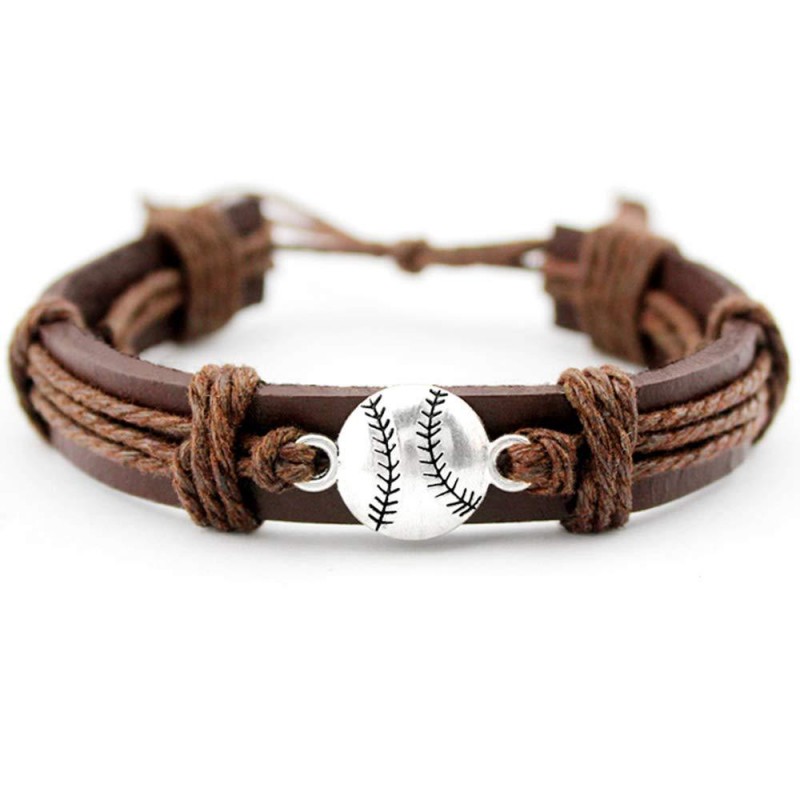 Sports Leather Football Basketball Hockey Alloy Adjustable Hand Woven Football Leather Bracelet