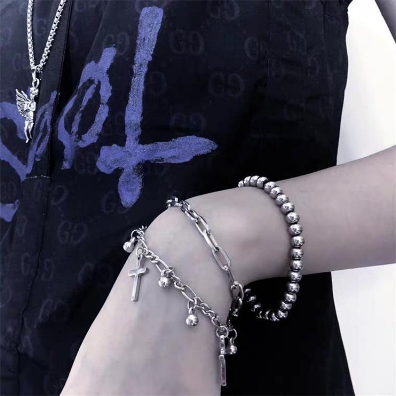 Vintage Metal Double Cross Pendant Hip Hop Multi-layer Bracelet