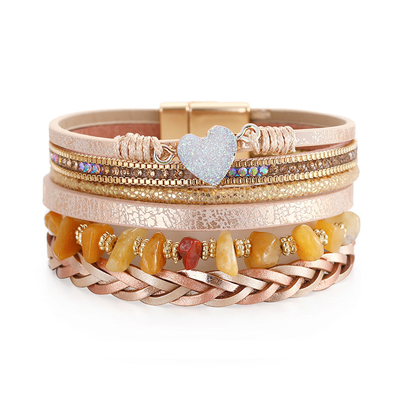 Retro Hand-woven Leather Multi-layer Diamond-encrusted Ethnic Style Gravel Bracelet